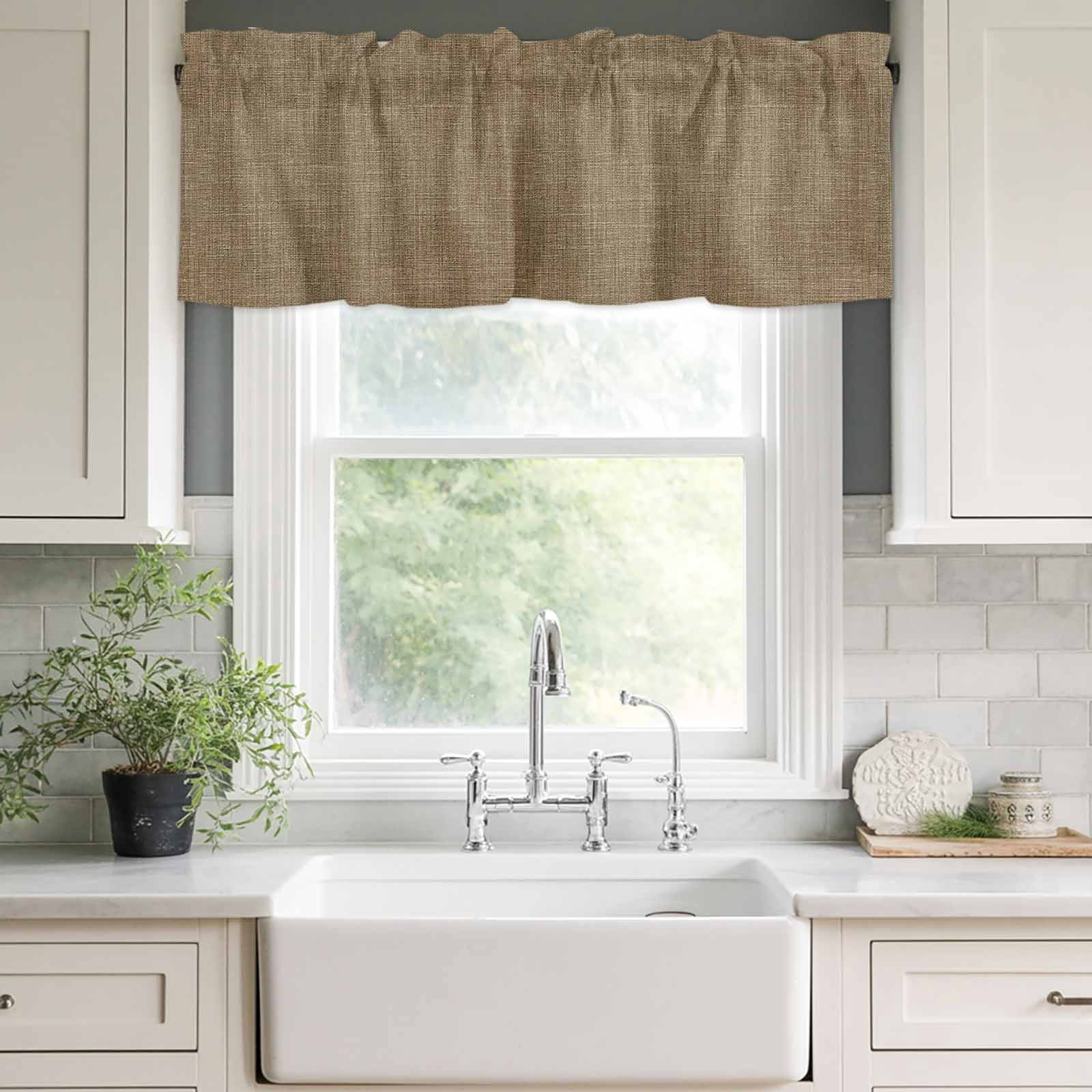 Vintage Brown Rod Pocket Curtain Valance, Farmhouse Retro Dark Solid Color Linen Texture Farmhouse Window Valance for Living Room, Bedroom, Kitchen 42"W x 12"L