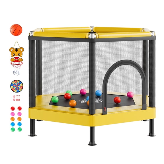 KFFKFF Kids Mini Trampoline with Safety Net and Basketball Hoop, 132 lbs Capacity, Indoor and Outdoor Play Equipment, Easy Assembly, Great for Holiday and Birthday Gifts for Boys and Girls