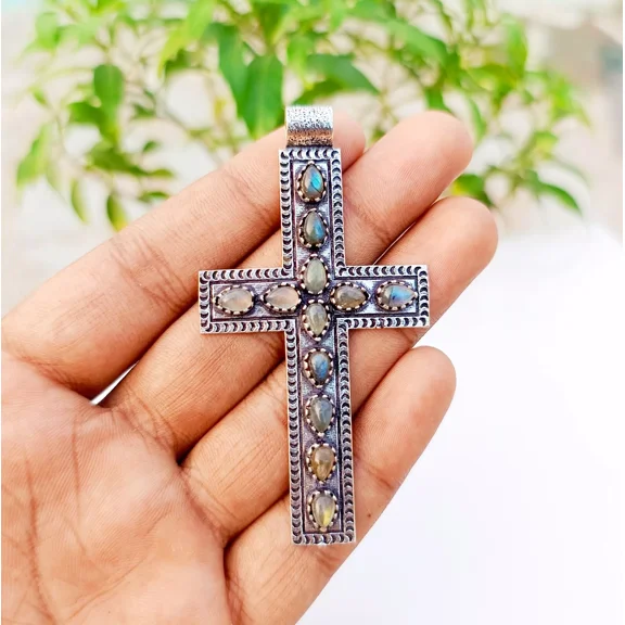 Labradorite Cross Pendant 925 Sterling Silver Handmade Gemstone Jewelry 2.83"