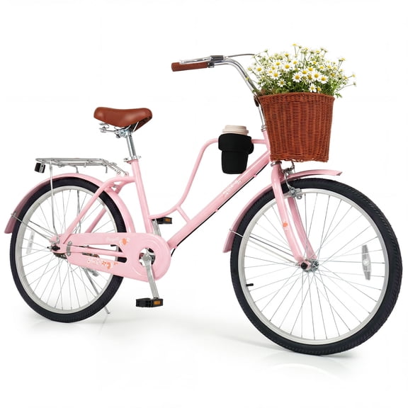 Gymax Beach Cruiser Bike 24-Inch Commuter Bike w/Adjustable Seat Woven Basket for City