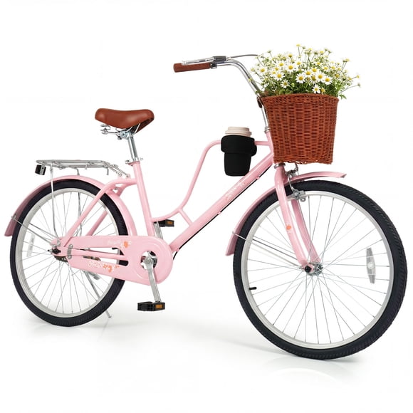 Gymax Beach Cruiser Bike 24-Inch Commuter Bike w/Adjustable Seat Woven Basket for City