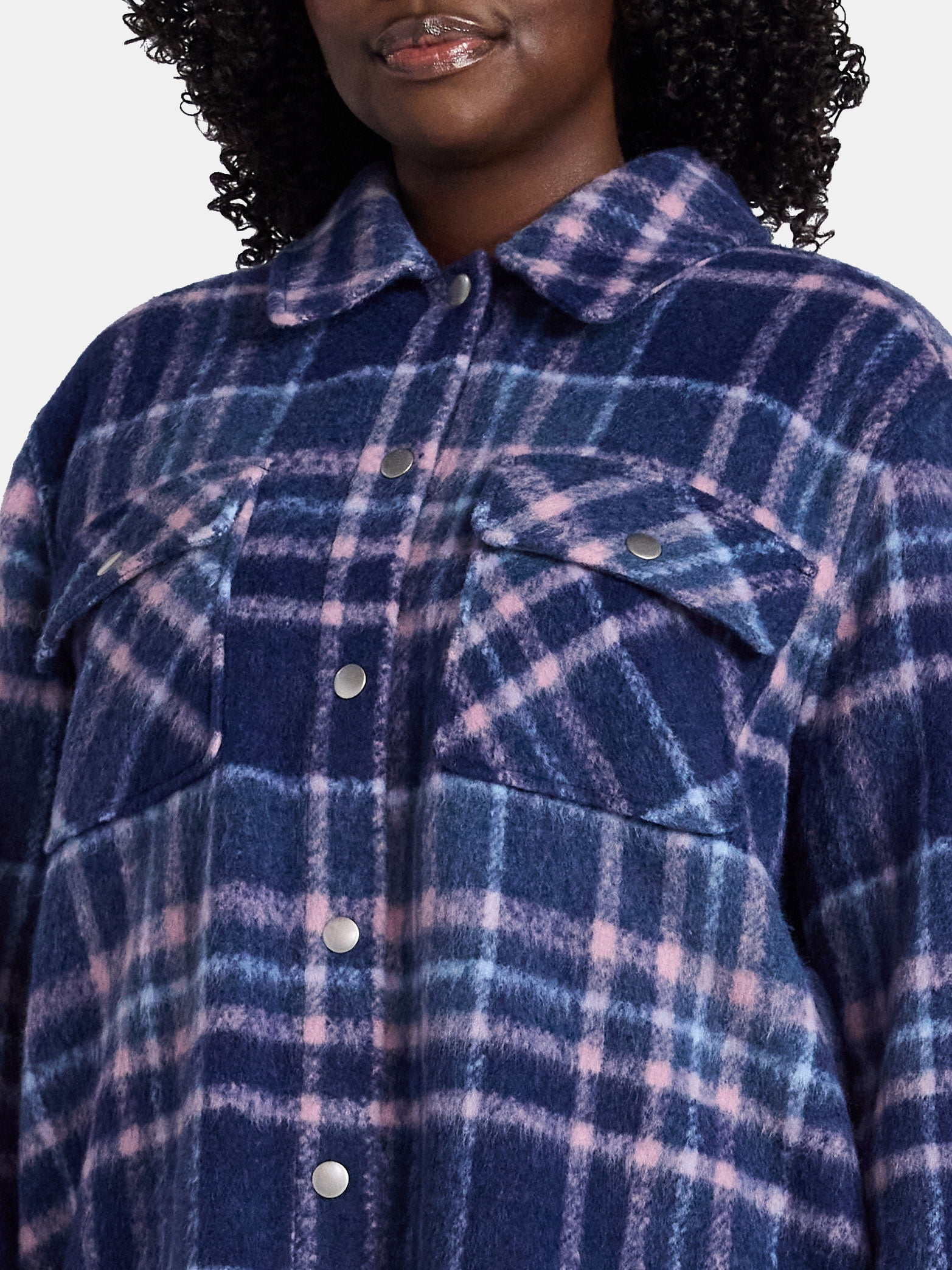 Terra & Sky Women's Plus Longline Brushed Plaid Shacket, Midweight, Sizes 0X-5X
