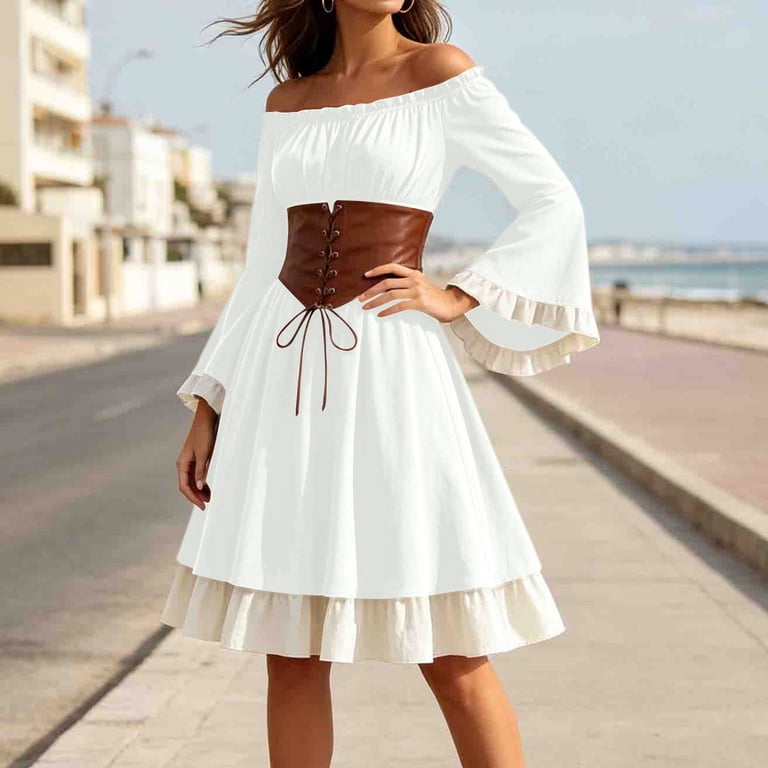 leather dress halloween costume UKHCCC Women's Plus for Women Off-Shoulder Corset with Ruffles Faux Waist Cincher A-Line Silhouette S-3XL TBD14655