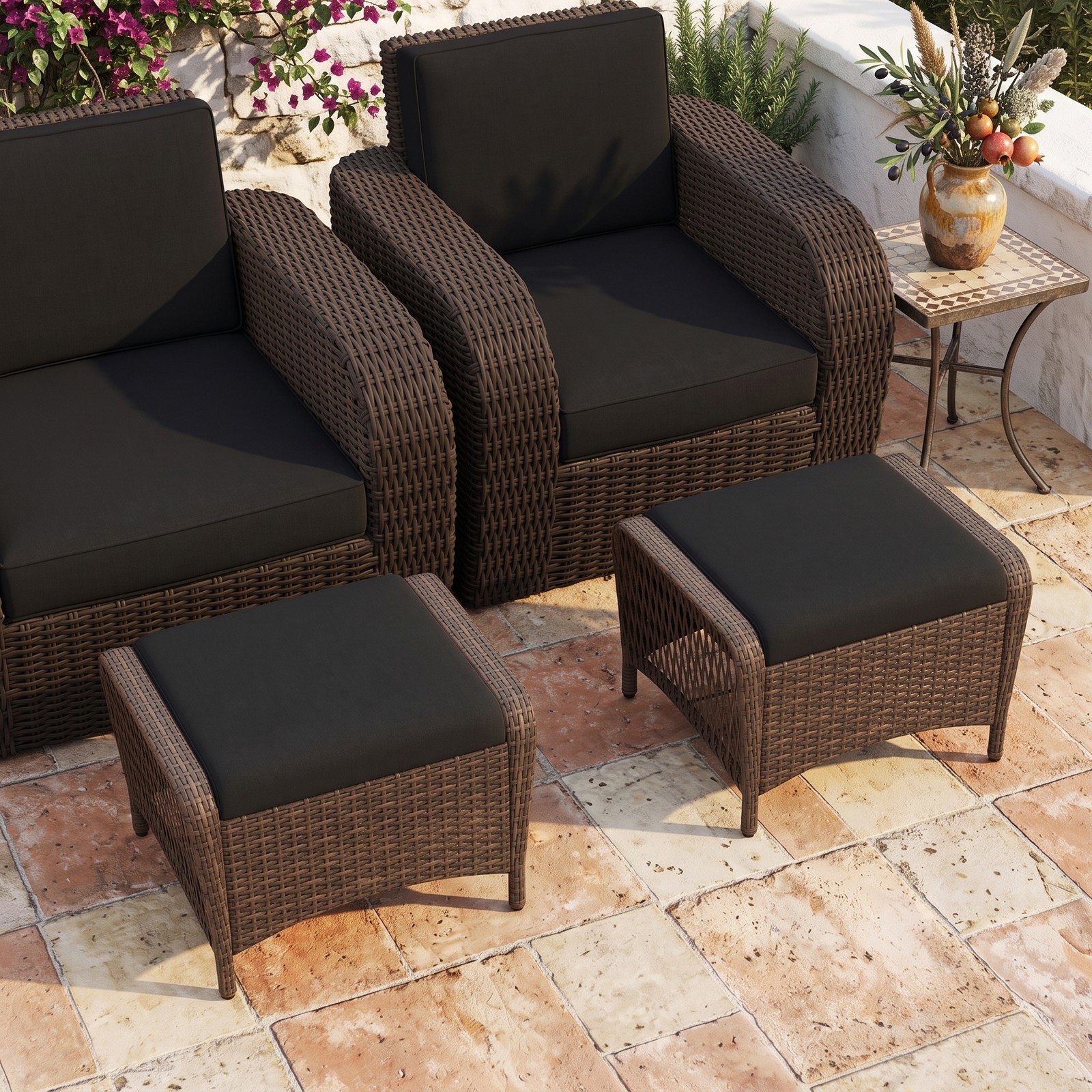 Furnibear Set of 2 Outdoor Patio PE Wicker Ottomans with Removable Cushions, Hand-Woven Rattan Footrest Extra Seat Coffee Table for Garden Porch Backyard, 400, Black