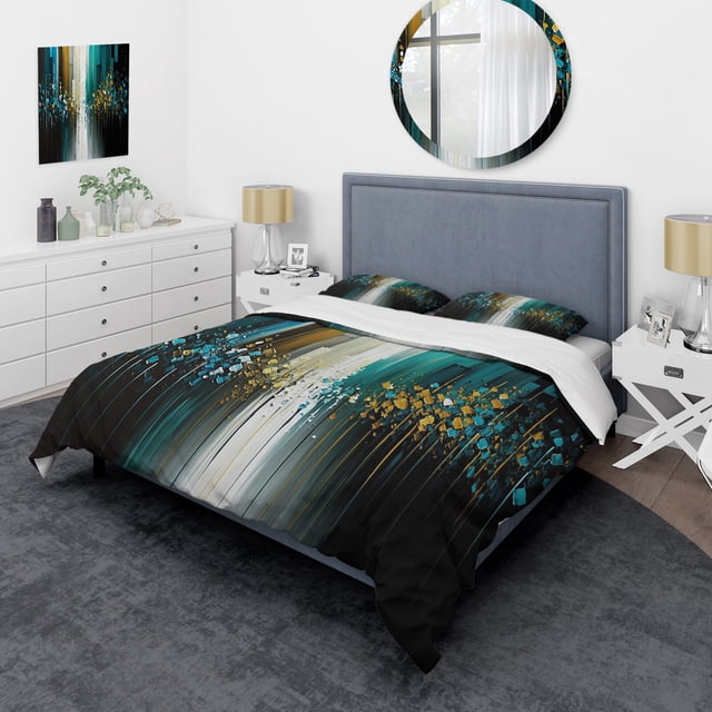 Designart "Black and Green Geometric Composition II" Animals Bedding Covert Set - Abstract Geometric Black Abstract Bed Set With 1 Sham