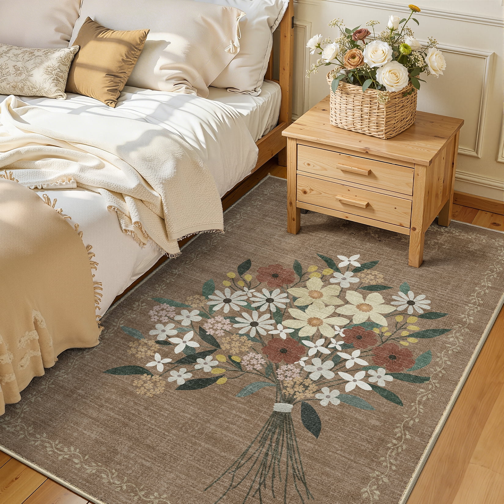 Toyoso 3x5 Machine Washable Area Rug - Floral Bouquet Printed Small Rug, Soft Polyester Non-Slip Bedroom Bedside Entryway Mat, Aesthetic Cottagecore Accent Carpet, Brown Floral