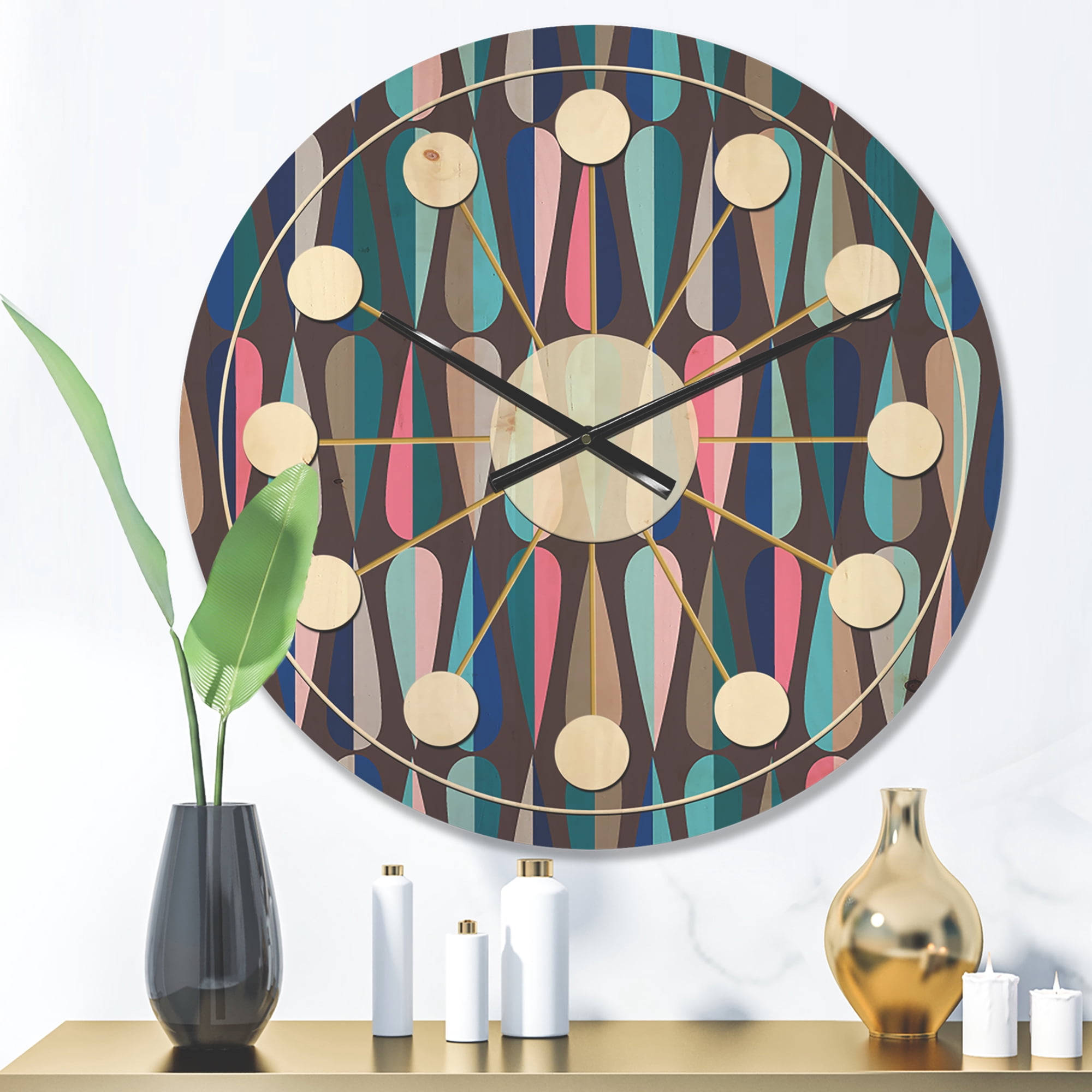 Designart 'Abstract Retro Drops VIII' Mid-Century Modern Wood Wall Clock
