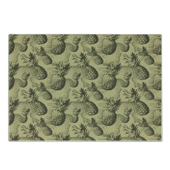 Pineapple Cutting Board, Botanical Grunge Pattern with Tropical Island Fruits Vintage Effect, Decorative Tempered Glass Cutting and Serving Board, Small Size, Pale Brown Dark Green, by Ambesonne