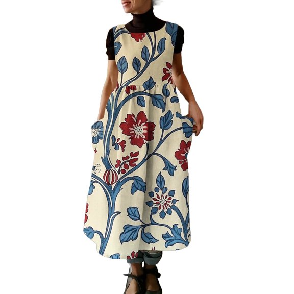 Lovzfmll Women's Crew Neck Sleeveless Floral Print Convertible Multi-Way Pocket Side Tank Maxi Sundress, Loose Casual Vacation Dress Red, L