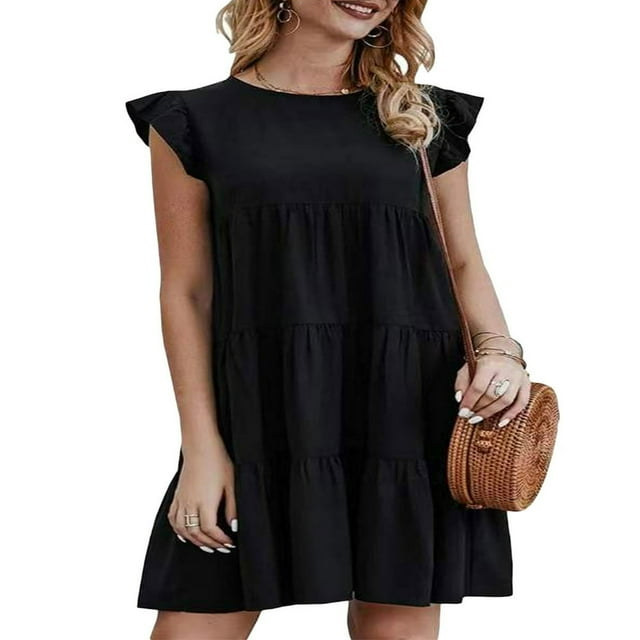Women Casual Ruffle Sleeve Dresses Summer Solid Color Neck Cute Beach Dress Loose Swing Pleated Mini Dress