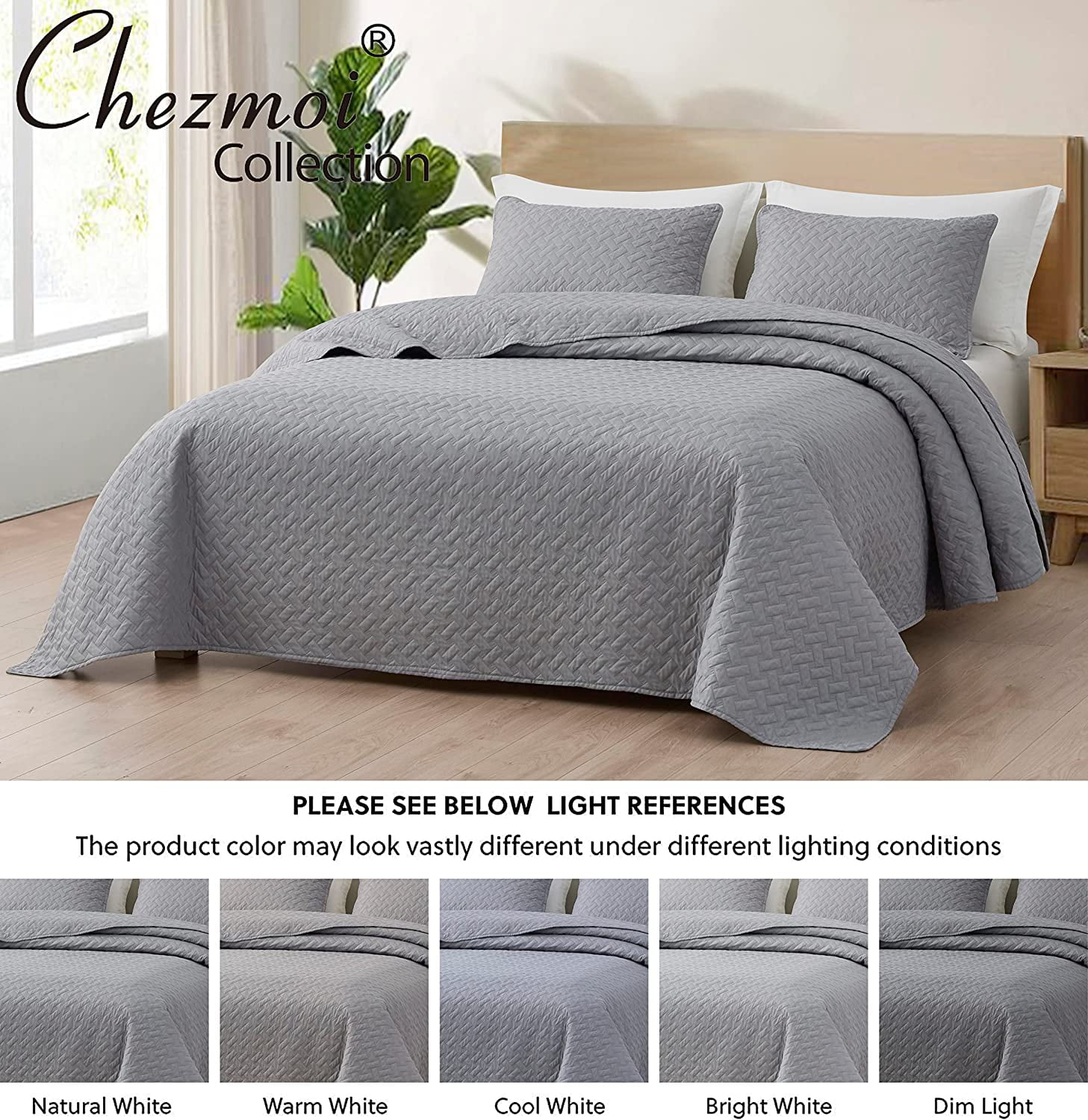 Chezmoi Collection Randall 3-Piece Soft Cooling Bamboo Fiber Quilt Bedspread Basketweave Quilted Coverlet Set (King, Light Gray)