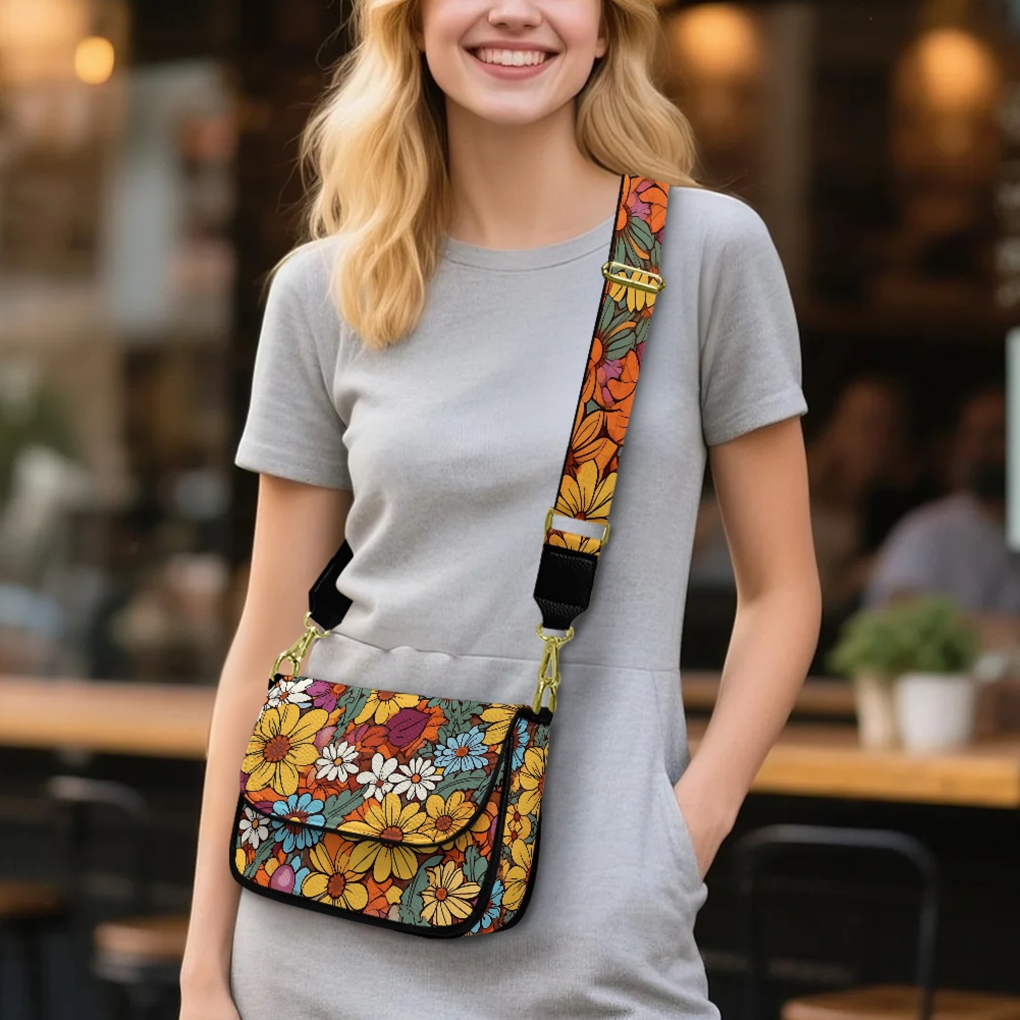 TSOVTHRID Colorful Daisy Print Crossbody Bags for Women Trendy Crossover Shoulder Bag PU Leather Shoulder Handbags Purses for Women with Adjustable Wide Strap