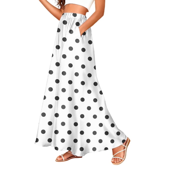 Women's Polka Dot Flowy Maxi Skirt A-Line High Waisted Retro Elegant Long Skirt with Pockets 2026 Trendy Summer