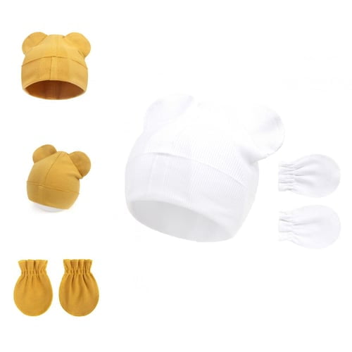 1 Ensemble Chapeau Bébé Mitaines Double Oreilles Extensible Plus Épais Doux Confortable Garde au Chaud Couleur Unie Automne Hiver Garçons Filles Bonnet Gants pour Extérieur
