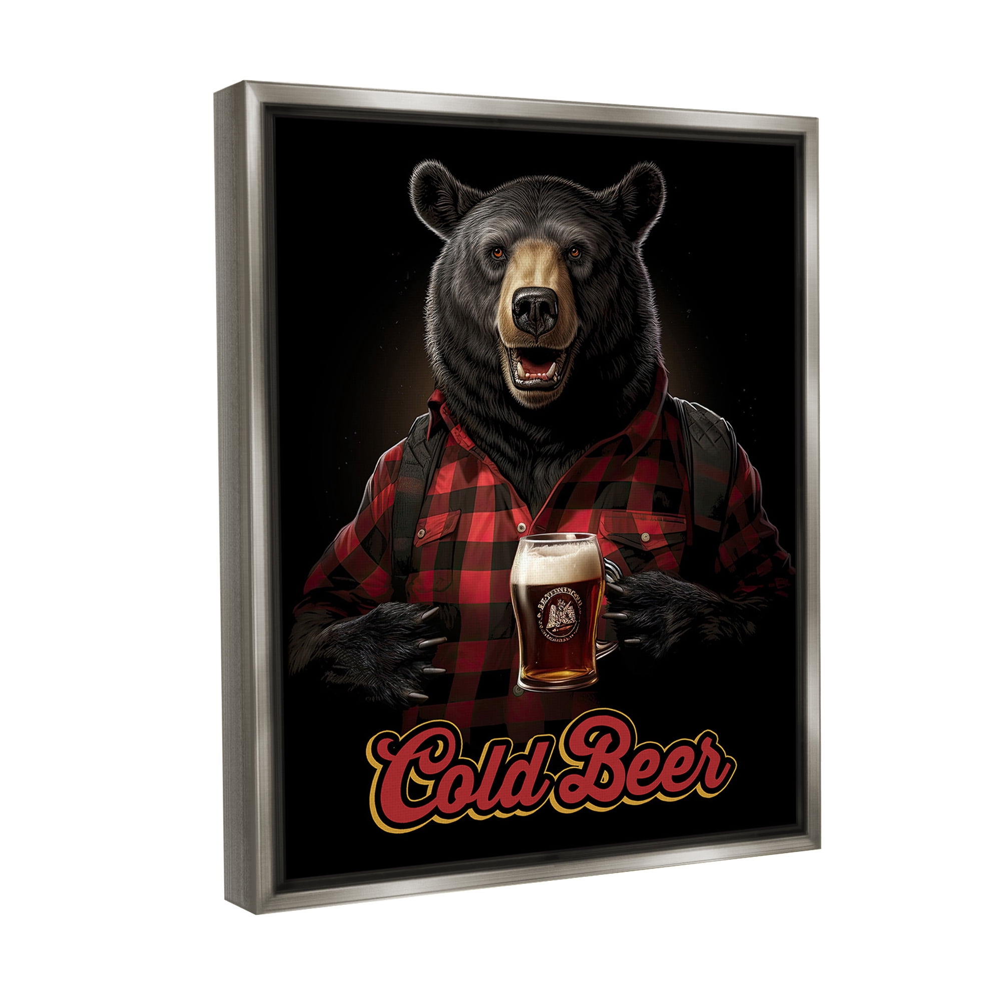 Stupell Industries Bear with Cold Beer Animals & Insects Painting Gray Floater Framed Canvas Art Print Wall Art, 25 x 31