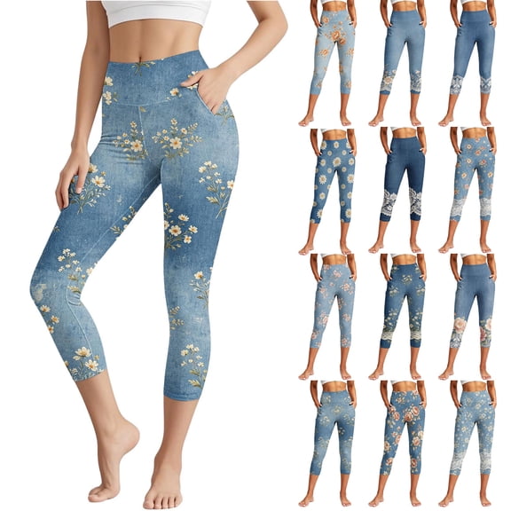 Yertdoel Capri Leggings for Women High Waist Floral Print Slim Fit Stretch Yoga Capri Pants Daily Sports Casual Workout Trousers with Pockets