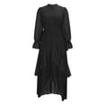 thumbnail image 4 of YueHuiYing Women's Solid-Color Pleated Lace Ruffled Asymmetric Hem Long-Sleeve Crew Neck Dress, 4 of 9