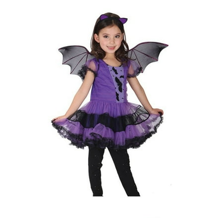 

gakvov Kids Girl Halloween Net Yarn Dress Bat Wing Headwear The Witch Three-piece Set