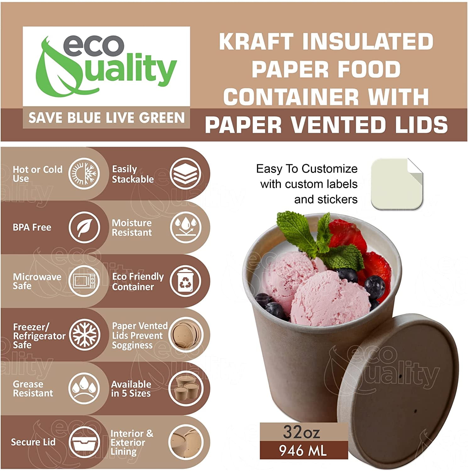 32oz Kraft To Go Quart Containers 250ct With Matching Non Vented Lids -  Frozen Solutions