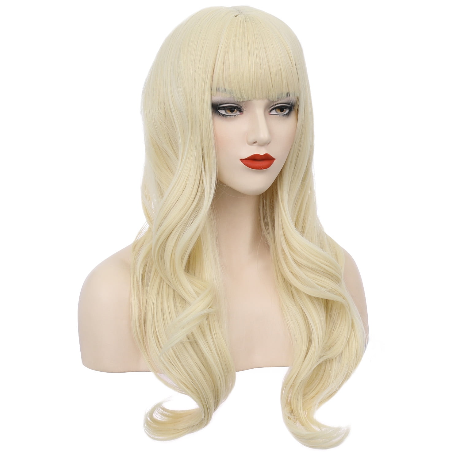 RightOn Blonde Wig Long Wavy Wig with Bangs Women Synthetic Wig Long Wig Light Blonde Wigs for Cosplay Costume Party with Hairnet