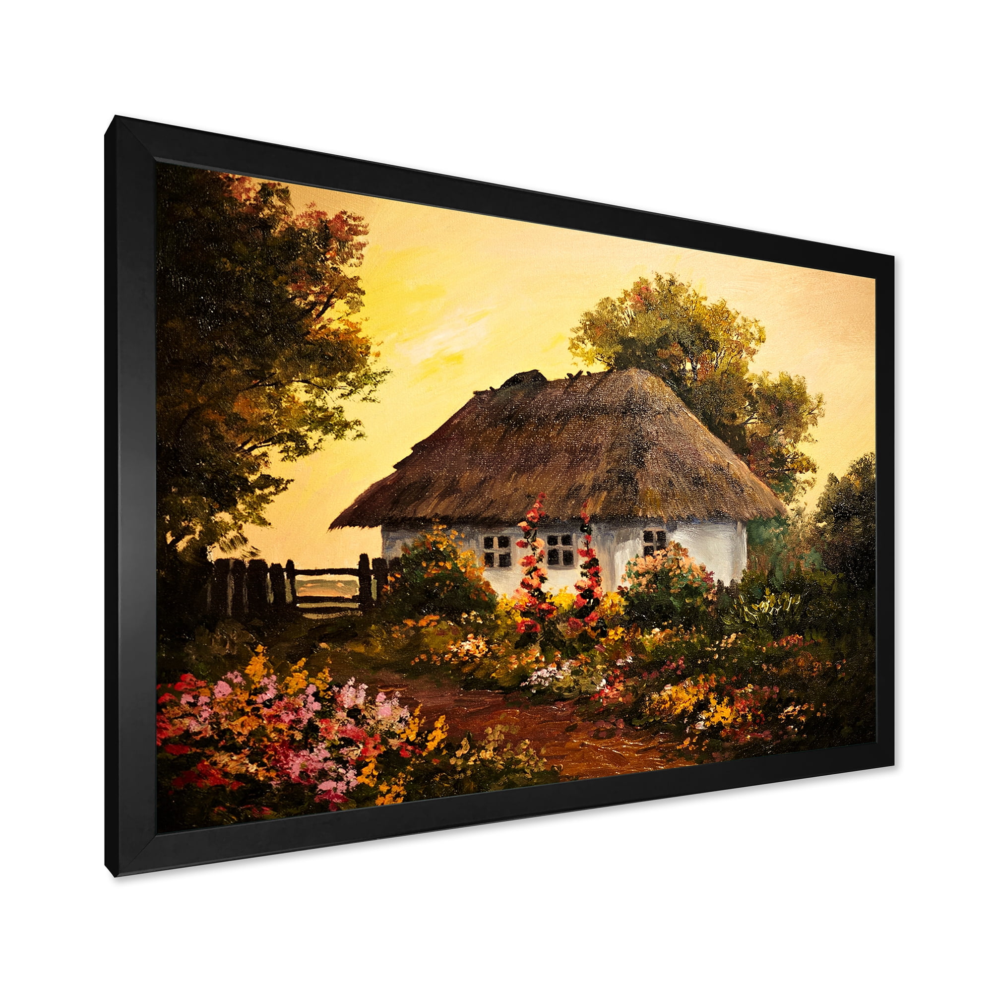 Designart 'Traditional Cottage At Sunset In Autumn Flowers' Traditional Framed Art Print