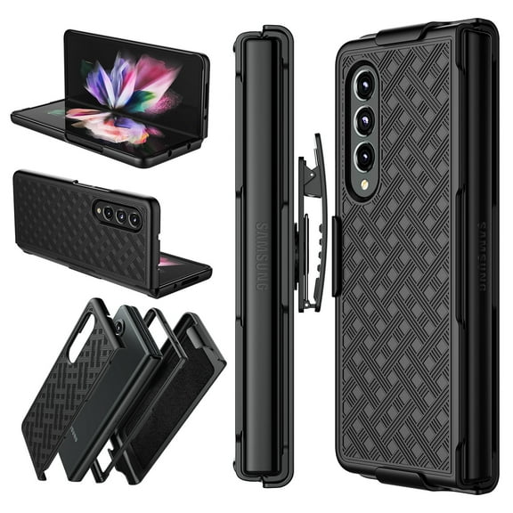 For Samsung Galaxy Z Fold 3 5G Cases Cover Holster Belt, Tekcoo Shock Absorbing Locking Clip Defender Heavy Full Body Kickstand Carrying Armor Cases Cover For Samsung Z Fold 3 -Black