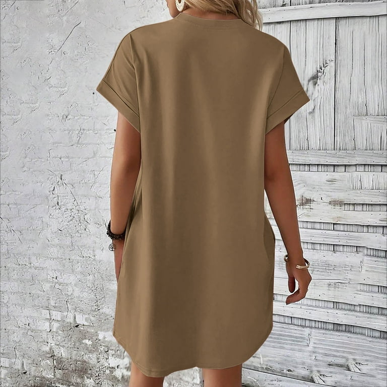 Xqxayjr Summer Spring Short Sleeve Knee Length Homecoming Dresses for Women  Casual Flowy Swing Short Mini T Shirt Sun Dresses Crew Neck Pockets  Bohemian Black Western Dress - Walmart.com