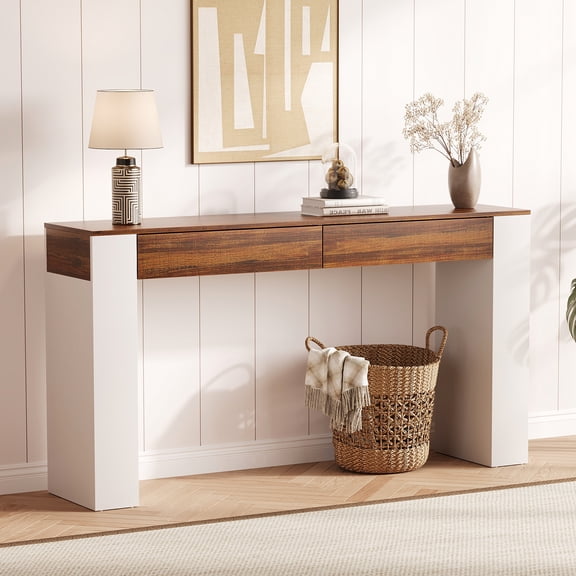 BouPower 63" Walnut & White Console Table with Storage, 2-Drawer Slim Entryway Table, Wooden Sofa Table for Hallway & Behind Couch