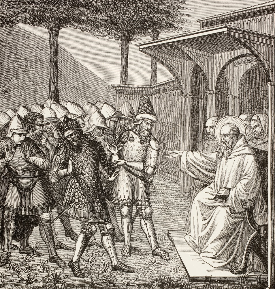 St Benedict Of Nursia Reproaches Baduila Aka Totila King Of The Ostrogoths With Having Deceived Him And Predicts His Death From Military And Religious Life In The Middle Ages By Paul Lacroix Published