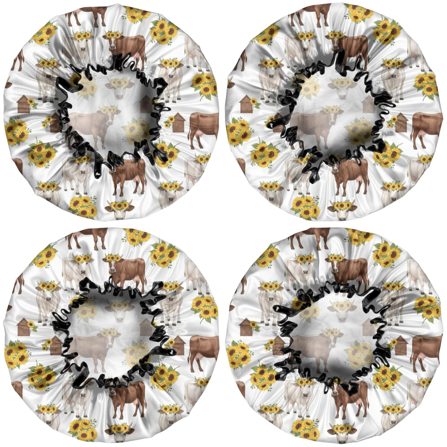 Shower Caps,White Cow Sunflower Pattern Waterproof Shower Cap for Women 4 Pieces,Double Reusable Hair Cover for Shower PEVA Elastic Stretch Hem