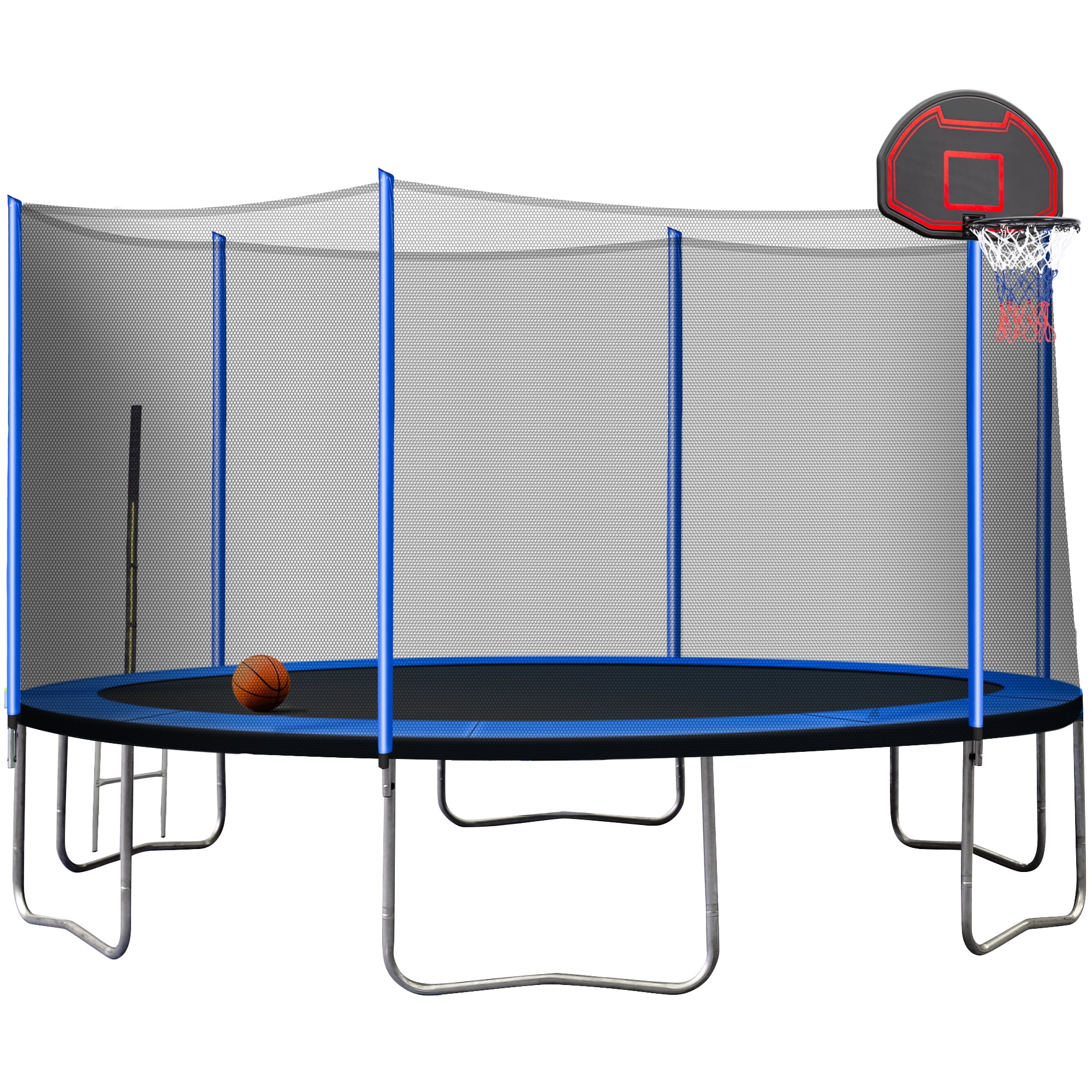 GoolRC 14FT Powder-coated Advanced Trampoline with Basketball Hoop Inflator and Ladder(Outer Safety Enclosure) Blue
