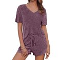 thumbnail image 6 of YI YI Womens Ribbed Knit Lounge Set Short Sleeve Top and Shorts Sleepwear Pajama Set Two Piece Shorts Outfits Set S Pink, 6 of 9