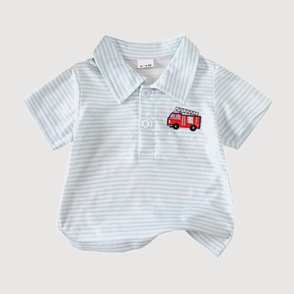 Gyujnb Boys Striped Embroidered Fire Truck Short Sleeve Polo Shirt (Toddler,Little Boys),12-18 Months