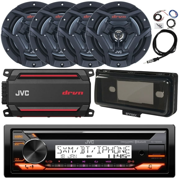 Single DIN Marine Bluetooth USB AUX AM/FM Radio CD Player Receiver Bundle Combo with 4x 6.5" 150W 2-Way Black Waterproof Boat Audio Speakers, 4-Channel Amplifier w/ Install Kit, Radio Cover, Antenna