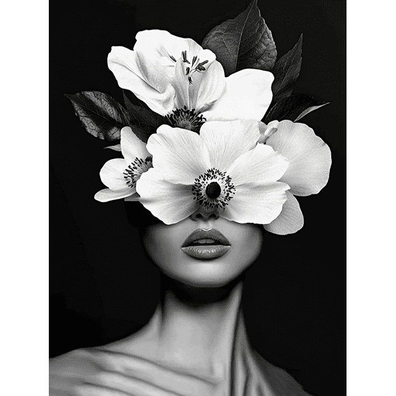 Black and White Flowers and Woman Canvas Wall Art，Suitable for Living Room， Bedroom， Bathroom， Office， and Dining Room Decoration.