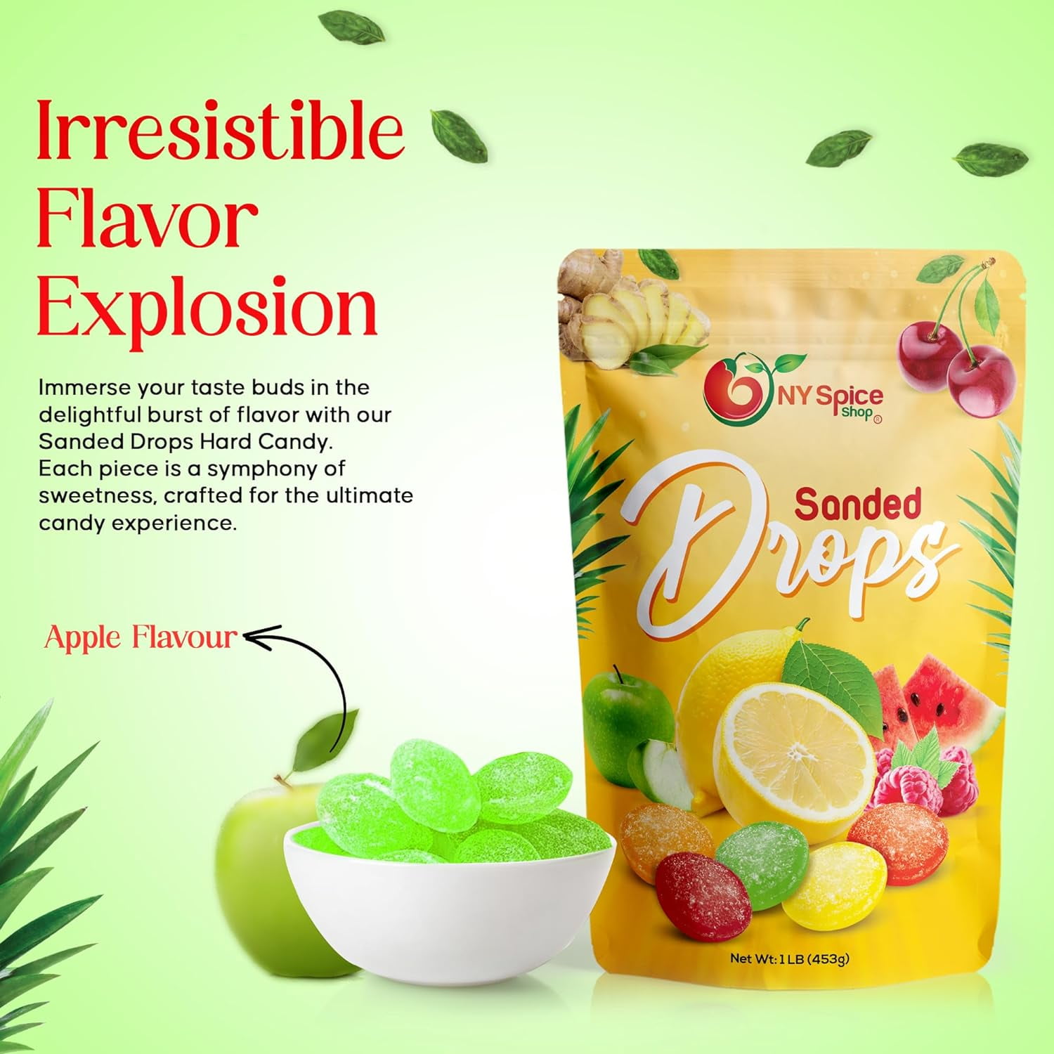 NY SPICE SHOP Sour Apple Sanded Candy Drops - 5 Pound - Classic Apple Flavored Hard Candy - Sour Drops Candy - Old Fashioned Sanded Drops - Perfect for Snacking, Sharing & Decor