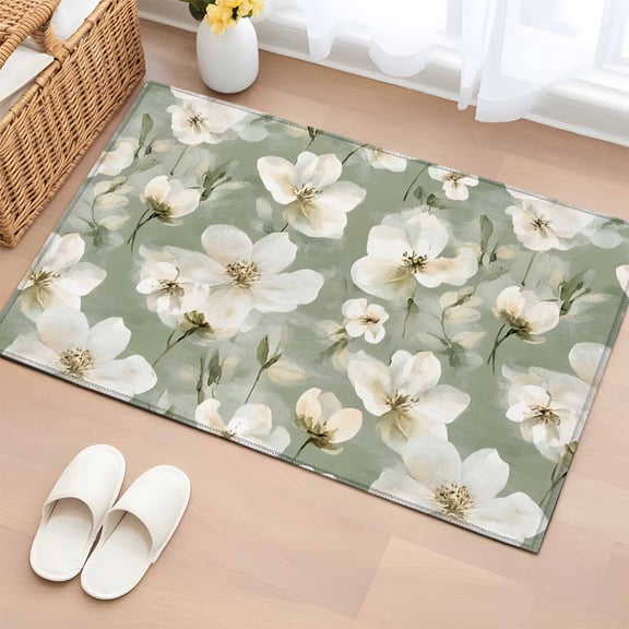 Sage Green Spring Floral Bathroom Mats 2x3 FT, Non Slip Small Kitchen Mat, Summer Botanical Flower Washable Soft Backed Front Door Throw Rugs Non-Shedding Indoor Outdoor Doormat for Entryway Sink