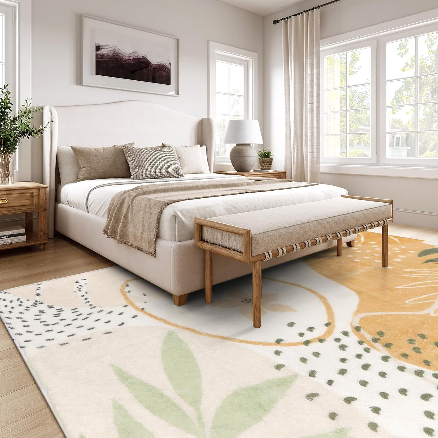 Moynesa 9'x12' Machine Washable Area Rugs,Yellow Non-Slip Large Living Room Rug Lightweight Throw Soft Carpet for Bedroom, Boho Botanical Print Ultra-Thin Indoor Rug for Dining Room