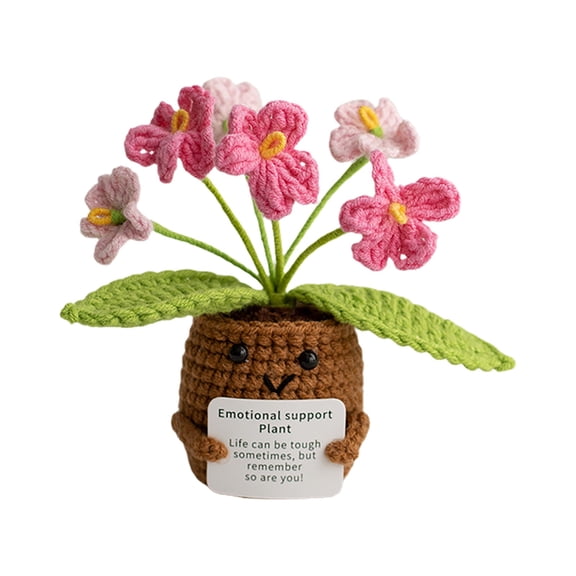 Handmade Crochet Potted Plant, 6 Heads Gradient Pink Forget Me Not, 1 Piece Emotional Support Knitted Doll Decor, for Home Desk Office Decor Car Ornament Gift