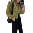 thumbnail image 2 of Chaqueta Universitaria Corta para Mujer, Larga, Abotonada, Informal, con Bolsillos. Verde Oliva M, 2 of 7