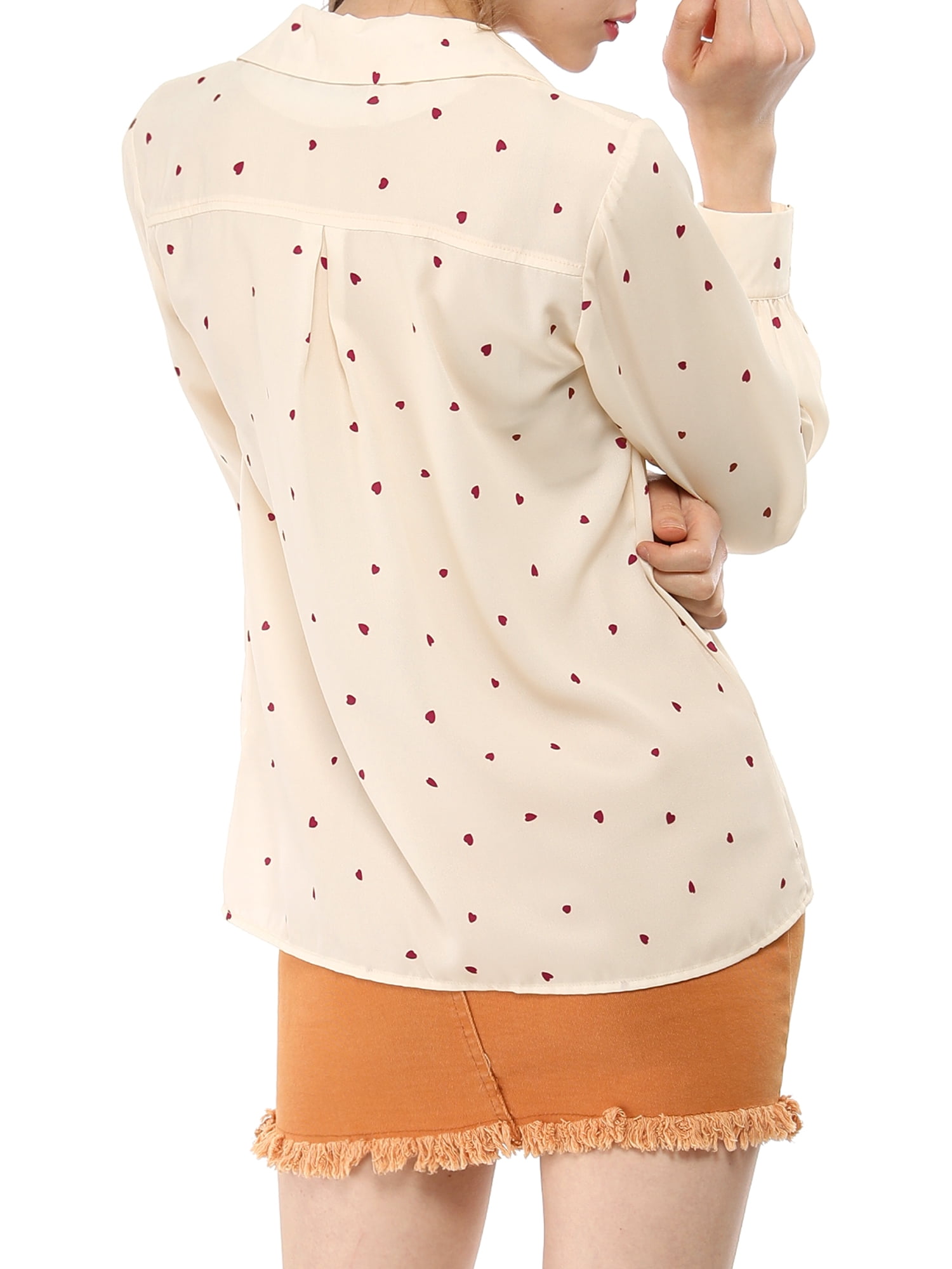 DARING DIVA Women's Notched Lapel V Neck Heart Polka Dots Shirt L Beige