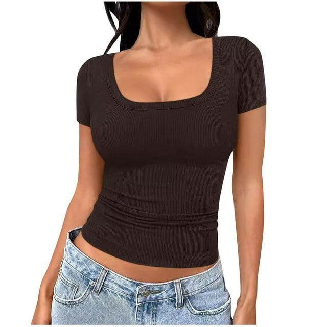 Posijego T-Shirts à Manches Courtes Côtelées pour Femmes, Crop Tops Tendance, Col Carré, Ajusté, Basique