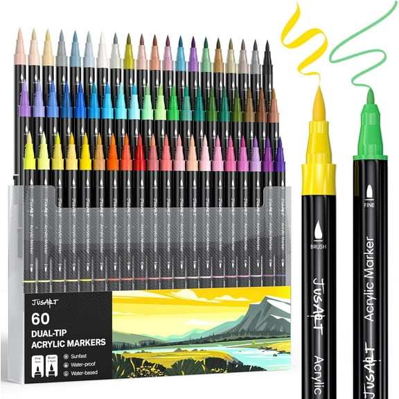 60 Colors Dual Tip Acrylic Paint Pens Markers, Brush and Fine Tip, Premium Paint Pens for Wood, Canvas, Egg, Stone, Fabric, Rocks, Metal, Glass, Ceramic, DIY Crafts Making Art Supplies Gifts