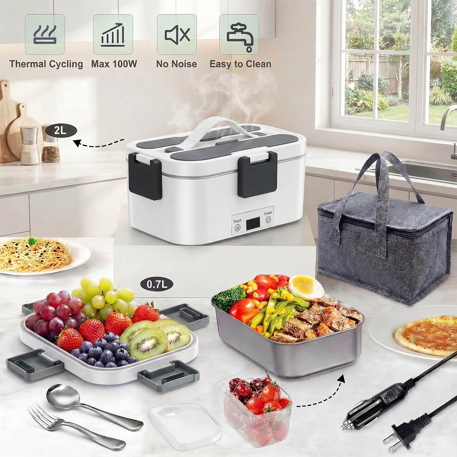 Electric Lunch Box Food Heater, Upgrade 100W High Power Portable Food Warmer, Heated Lunch Box for Adults Car/Home with 2L Removable Stainless Steel Container, 12V/24V/110V/220V,White