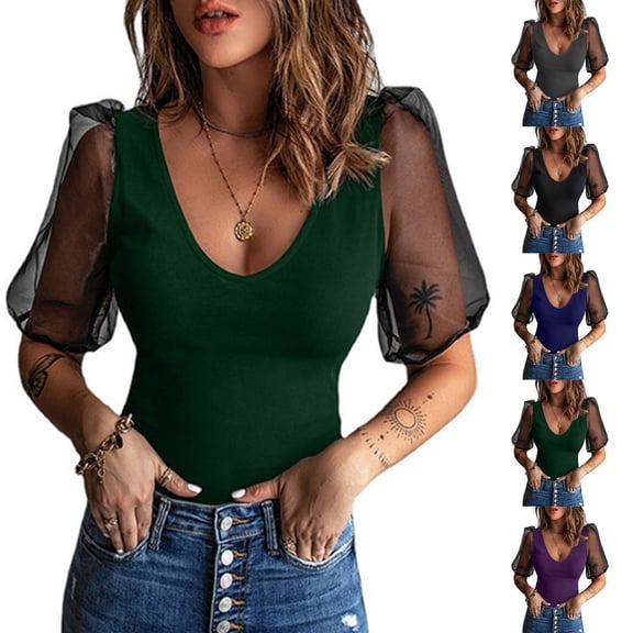 Hzzrkos Women Casual Fitted Solid Color V Neck Mesh Puff Short Sleeve Blouse Top