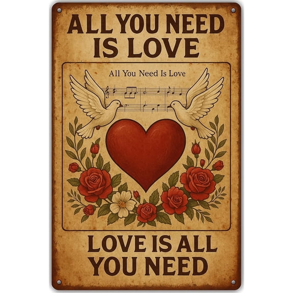 Vintage Metal Tin Love Wall Sign, Retro Love Is All You Need Poster, Valentines Wall Art Decor, 8 x 12 Inch