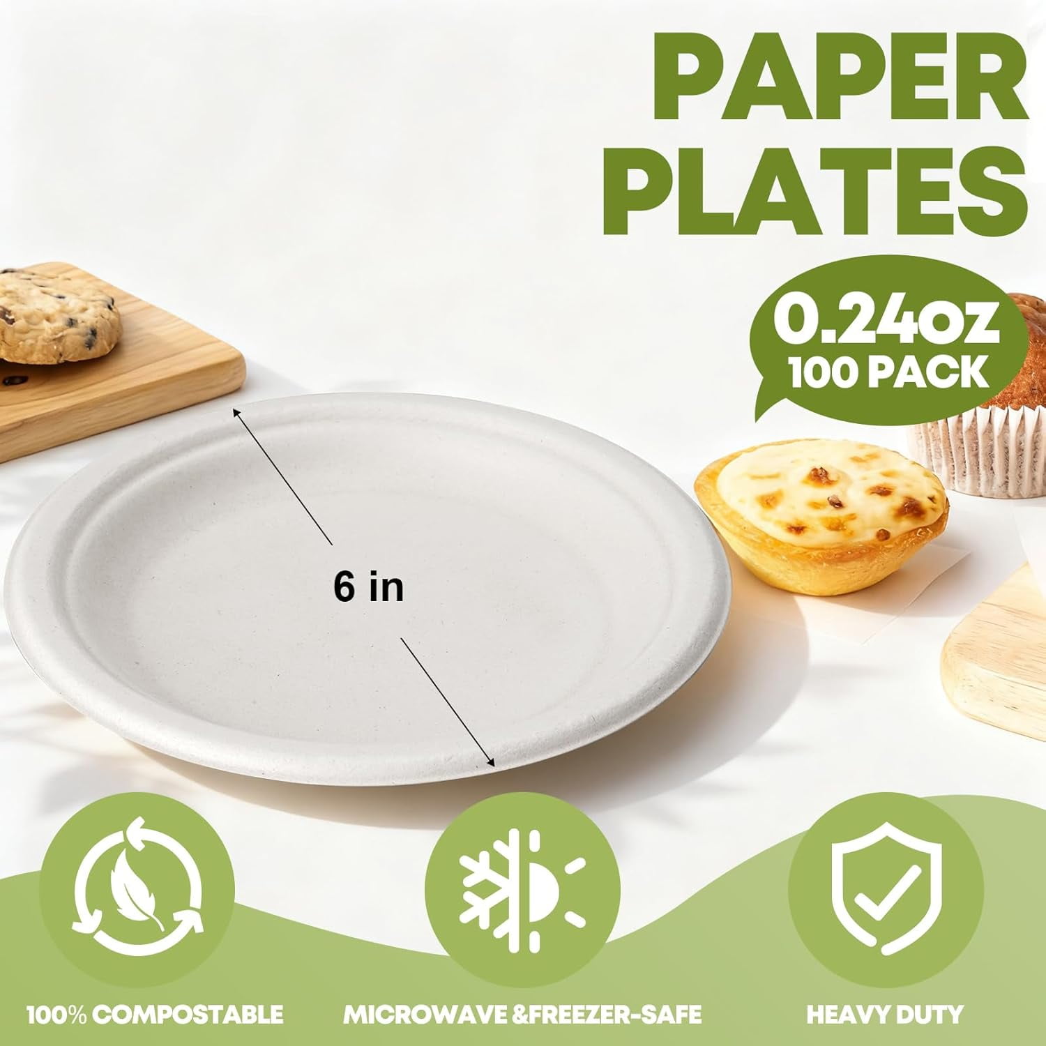 100 Pack 6 Inch Disposable Small Paper Plates,Heavy Duty Dessert Plates - Compostable, Microwave-Safe, Leak-Proof, Ideal for Parties, Picnics & Daily Use