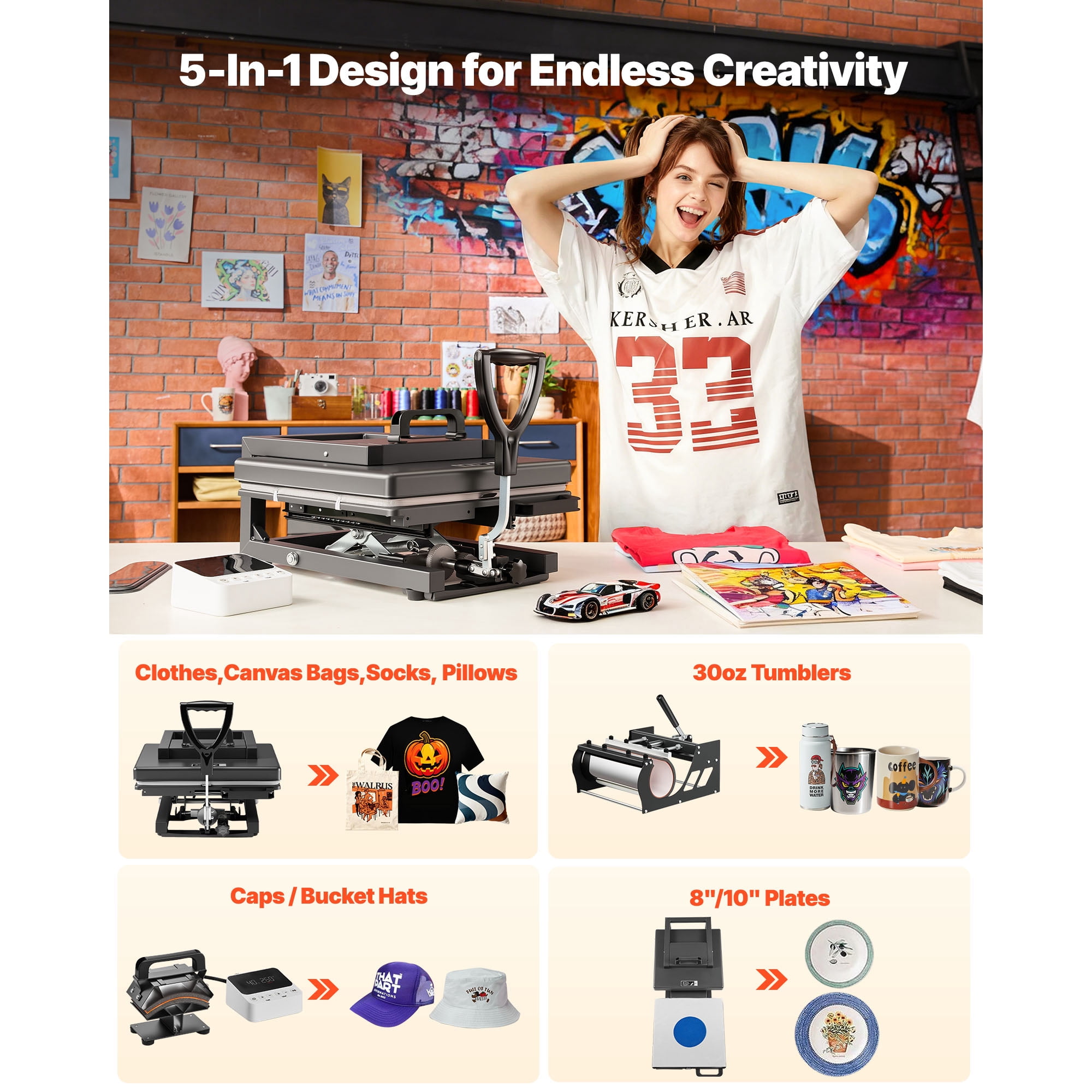 KFFKFF 15 x 15 Inch Heat Press Machine, 5-in-1 Multifunctional Design, Quick and Even Heating, Innovative Patented Structure, User-Friendly Controls, Sublimation Press for T-shirts, Mugs, Black