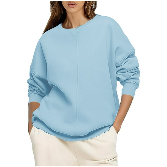 YUGYXL Womens Basic Long Sleeve Pullover Solid Color Crew Neck Comfy Sweatshirt Fleece Lined Sweatshirts Light Blue L