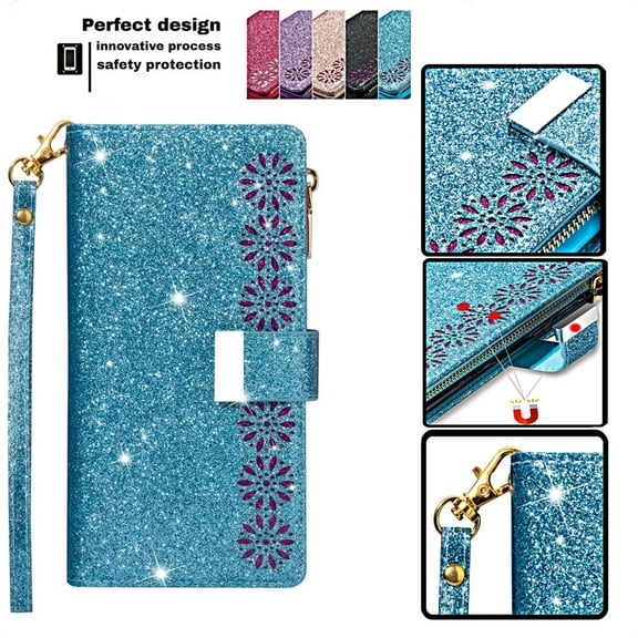 DeCase for iPhone 15 Pro Max Sparkle Bling Glitter Wallet Case, Magnetic Flip Cover with Zipper, Wrist Strap, Card Slot, Kickstand - Shockproof Protection for Girls & Ladies, Skyblue